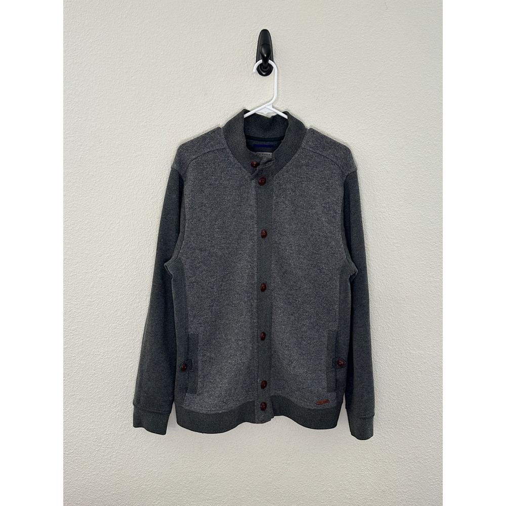 Ted Baker Men's Grey Wool Blend Button Up‎ Mock Neck Cardigan Sweater Size 7
